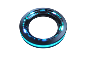 A futuristic circular object featuring glowing blue and green lights, with intricate designs around its perimeter. png