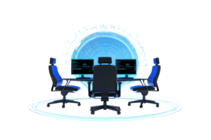 A modern control room setup featuring sleek chairs and multiple computer screens, centered around a glowing circular interface. png