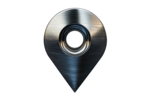A metallic location pin with a circular hole at the center, featuring a smooth, brushed surface and a distinct pointed end. png