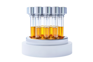 A set of laboratory test tubes filled with a golden liquid, arranged in a cylindrical holder. png