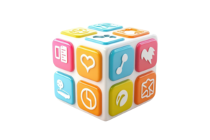 A colorful toy cube featuring various playful icons on each face, designed for educational or recreational use. png