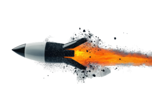 A sleek rocket propelling forward with a trail of vibrant flames and smoke, symbolizing speed and power. png