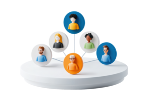 A set of diverse character icons arranged on a platform, each representing different individuals connected visually. png