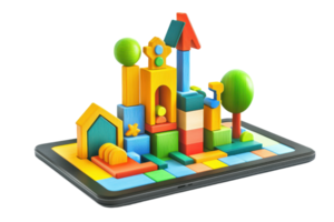 A colorful, playful arrangement of geometric blocks forming a whimsical structure on a flat surface. png