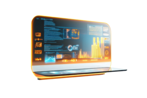 A sleek, futuristic digital display showcasing various data visualizations and graphs in vibrant colors. png