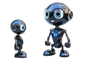 Two stylized robots, one small and one large, featuring shiny surfaces, expressive eyes, and a futuristic design. png