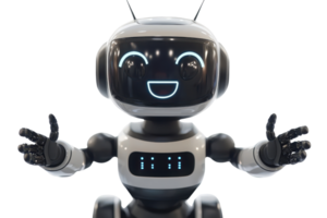 A friendly robot with a smiling face and welcoming arms, designed for interaction and engagement. png