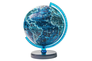 A futuristic globe displaying a digital map with glowing features and intricate details, representing global connectivity and technology. png