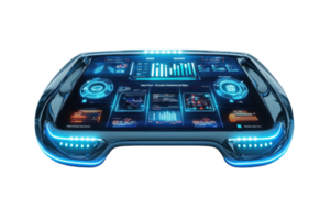A futuristic digital interface with glowing elements and interactive features, displaying various data and analytics. png