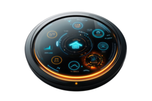A sleek, futuristic control panel featuring illuminated icons and a circular design with vibrant colors. png