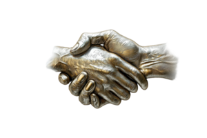 A detailed sculpture of two hands engaged in a handshake, symbolizing unity and agreement. png