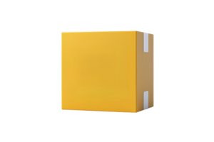 A yellow cardboard box with a smooth surface and white labels on two sides. png