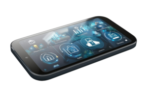 A sleek smartphone displaying a modern user interface with various digital icons and data visualizations. png
