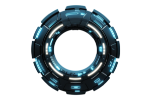 A futuristic circular device featuring glowing blue and white elements, resembling advanced technology with intricate details. png