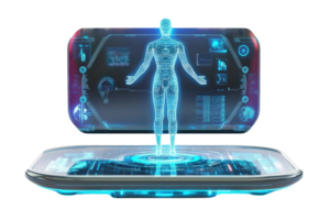 A holographic figure stands on a futuristic platform, displaying digital interface elements and glowing technology. png