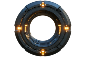 A circular, futuristic device featuring glowing elements and a sleek design, emphasizing advanced technology and structural detail. png