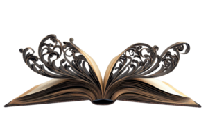 An intricately designed open book with flowing, ornate pages that appear to bloom outward, showcasing creativity and imagination. png
