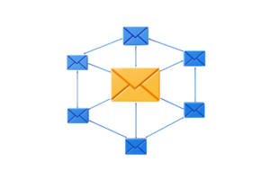 An illustration of interconnected email icons, featuring a central yellow envelope surrounded by blue envelopes representing communication networks. png