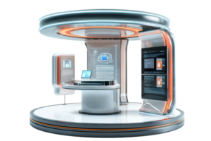 A futuristic workstation with sleek design, featuring a circular layout, digital screens, and integrated technology for an advanced user experience. png
