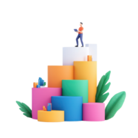 A colorful arrangement of geometric shapes with a figure standing atop, symbolizing achievement and progress. png