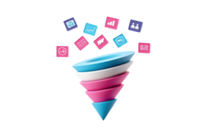 A colorful funnel with layered segments, surrounded by various icons representing data and analytics. png