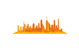 A vibrant skyline silhouette in orange, showcasing various architectural structures and skyscrapers. png