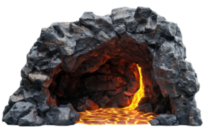 A rocky cave with glowing lava flowing from within, creating a striking contrast of dark stone and bright molten colors. png