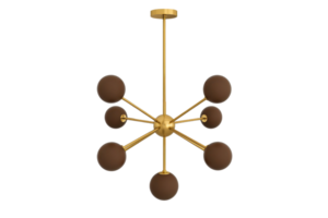 A modern chandelier with a gold finish, featuring multiple arms extending outwards, each holding a round light fixture. png
