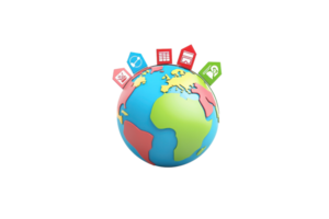 A colorful globe with icons representing various global themes and activities positioned around it. png