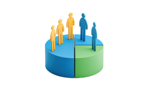 A circular chart with three sections, featuring stylized figures in blue and yellow representing data or demographics. png