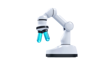 A robotic arm holding two blue test tubes, showcasing advanced technology and precision in a laboratory-like setting. png