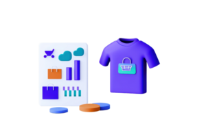 A colorful t-shirt and a data visualization chart showcasing various e-commerce metrics. png