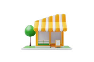 A colorful storefront with a striped awning, featuring large windows and a small tree beside it. png