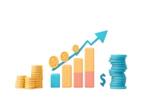 A colorful representation of financial growth, featuring stacked coins, bar graphs, and a rising arrow indicating an upward trend. png