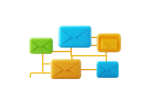 Colorful envelopes arranged in a network, representing communication or messaging. png