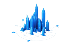 A cluster of blue crystalline structures with varying heights, arranged in an abstract, geometric formation on a circular base. png