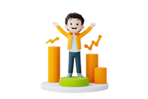 A cheerful cartoon character in a yellow jacket stands on a green platform, surrounded by colorful bar graphs, expressing excitement and achievement. png