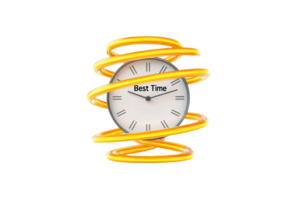 A clock surrounded by a spiraling yellow design, featuring the phrase Best Time on its face, symbolizing creativity and time management. png