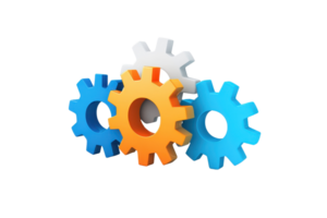 Colorful gears in various sizes, showcasing a combination of blue, orange, white, and gray tones, symbolizing mechanical engineering and teamwork. png