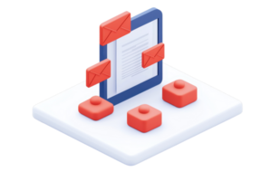 A digital illustration featuring an email management interface with envelopes and a document, symbolizing communication and organization. png