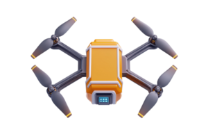 A sleek, orange drone featuring four propellers and a digital display, designed for aerial tasks and modern technology applications. png