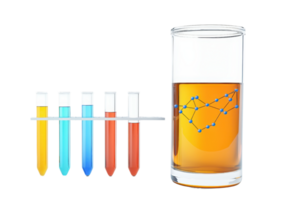A collection of colorful test tubes next to a glass of beverage featuring a constellation design. png