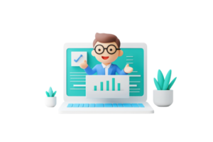 A cheerful character with glasses presents data on a laptop, showcasing a chart and surrounded by plants. png