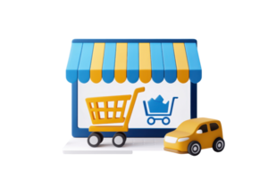 A colorful storefront with a shopping cart and a yellow car, representing online shopping and delivery services. png