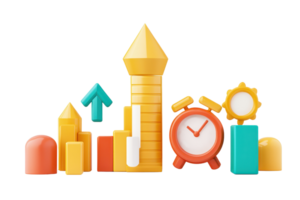 Colorful geometric shapes including a pyramid, bars, and a clock, representing growth and time management concepts. png