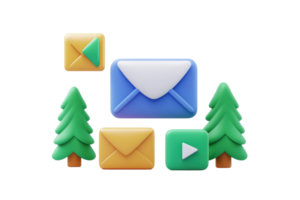 A colorful collection of stylized icons depicting envelopes, a play button, and trees, representing communication and nature. png