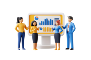 A team of four professionals discussing data trends displayed on a computer screen. png