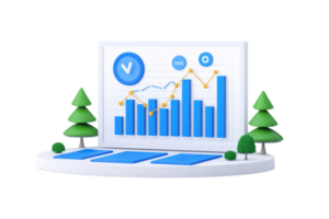 A colorful data visualization featuring bar graphs, line charts, and icons, set in a stylized environment with trees. png