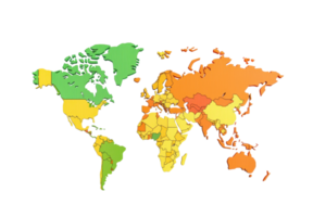 A colorful world map highlighting different regions with various shades representing distinct geographical areas. png