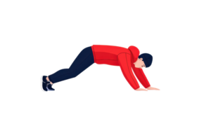 A person in a red jacket performs a push-up exercise, demonstrating strength and fitness. png